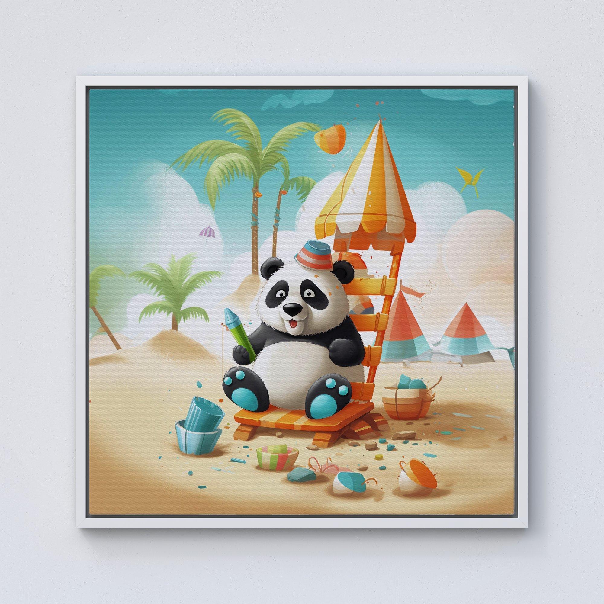 Panda On A Beach Holiday Framed Canvas